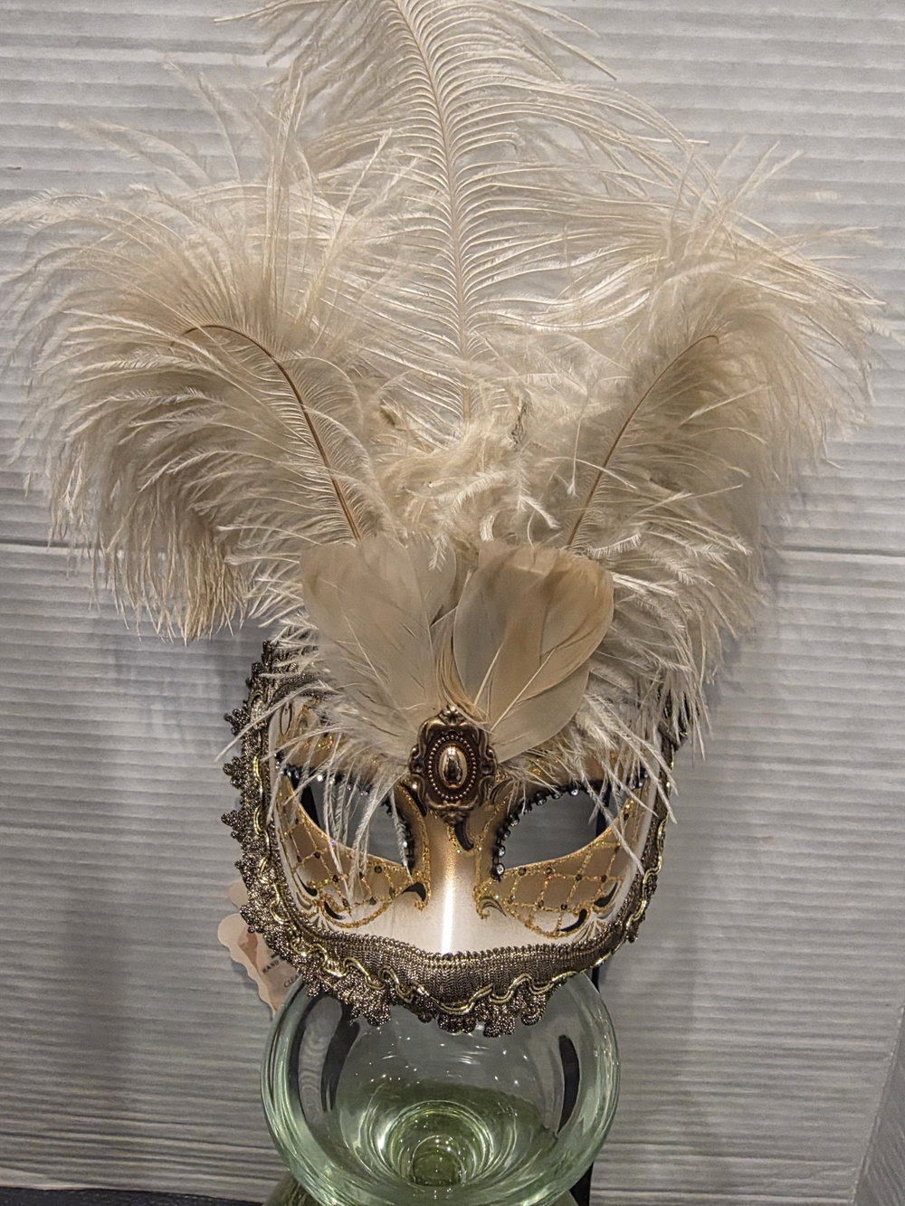 Gold and Cream Feathered Venetian Masquerade Mask.